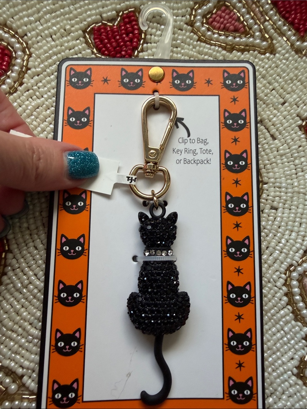 T.J.Maxx Black Sparkle Cat Keychain with Gold Clip